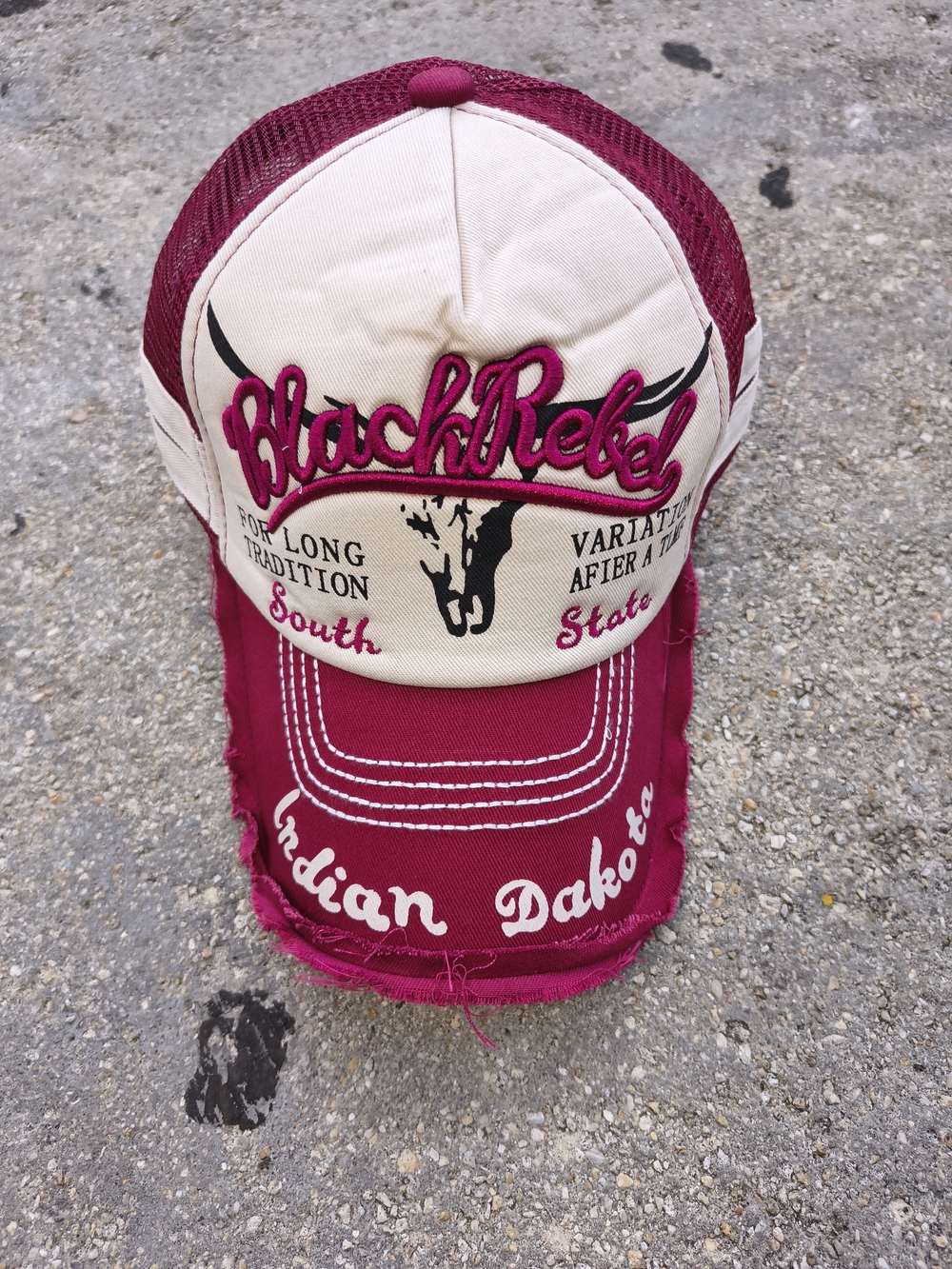 Vintage Distressed Trucker Hat Black Rebel Burgundy